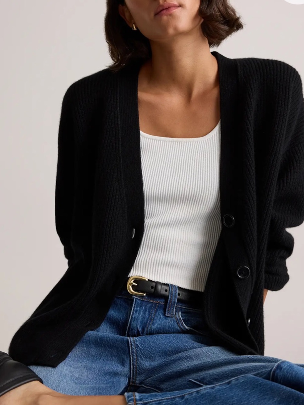 QUINCE Black 100% Cashmere V-Neck Ribbed Boxy Cardigan Sweater Size Small